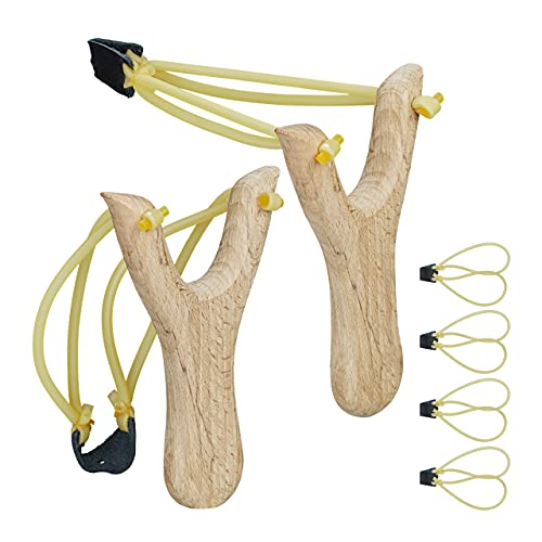 Relaxdays Profi Steinschleuder, Slingshot mit 6 Schleudergummis, Jagdschleuder 2er Set, Katapultschleuder aus Holz, gelb