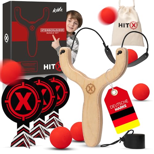 HITX® Steinschleuder Kinder mit 6 weichen Bällen & 3 Zielen aus Pappe | Zwille Kinder einfach zu bedienen | Slingshot Schleuder Kinder Komplettset mit Ersatzgummi für Schleuder | Kidz Zwille